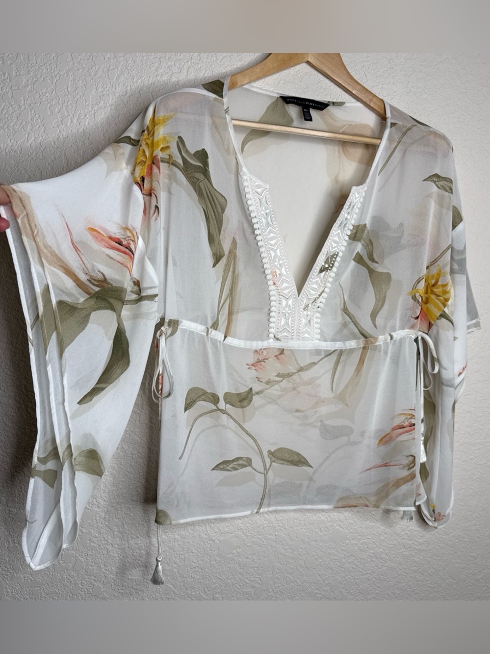 White House Black Market Sheer Floral Embroidered Tie Waist Top MP Romantic Boho